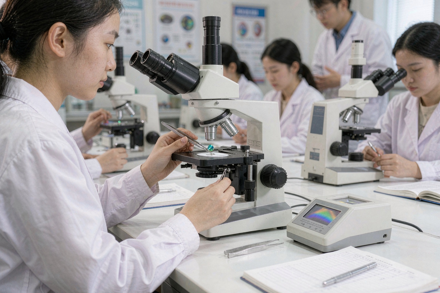 学员在宝石鉴定实训室用显微镜与折射仪观察彩色宝石真实标本.png